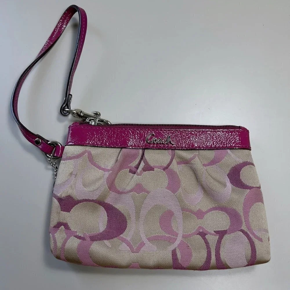 Coach Purple Canvas Wristlet Leather Trim Wallet